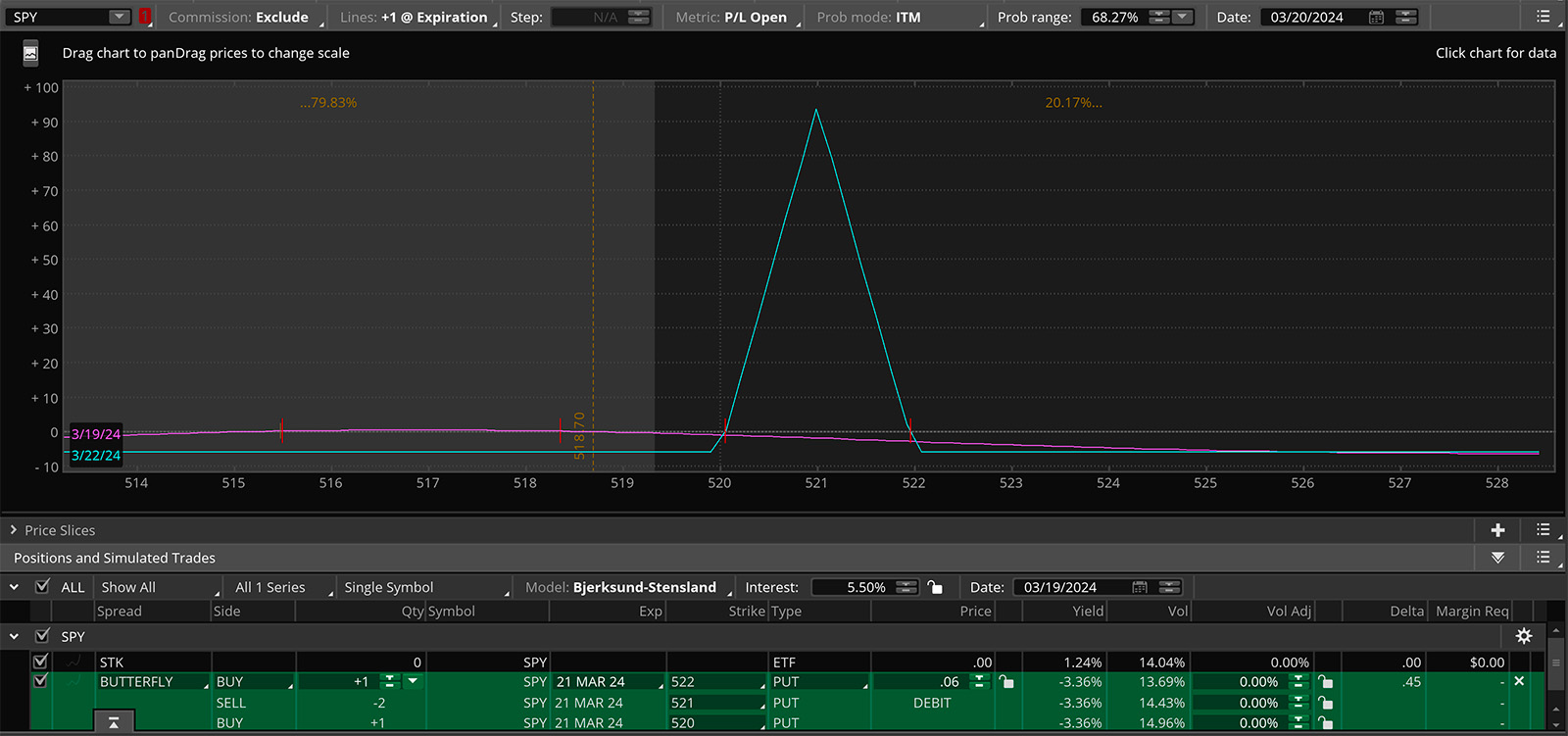 SPY options butterfly spread risk assessment graph