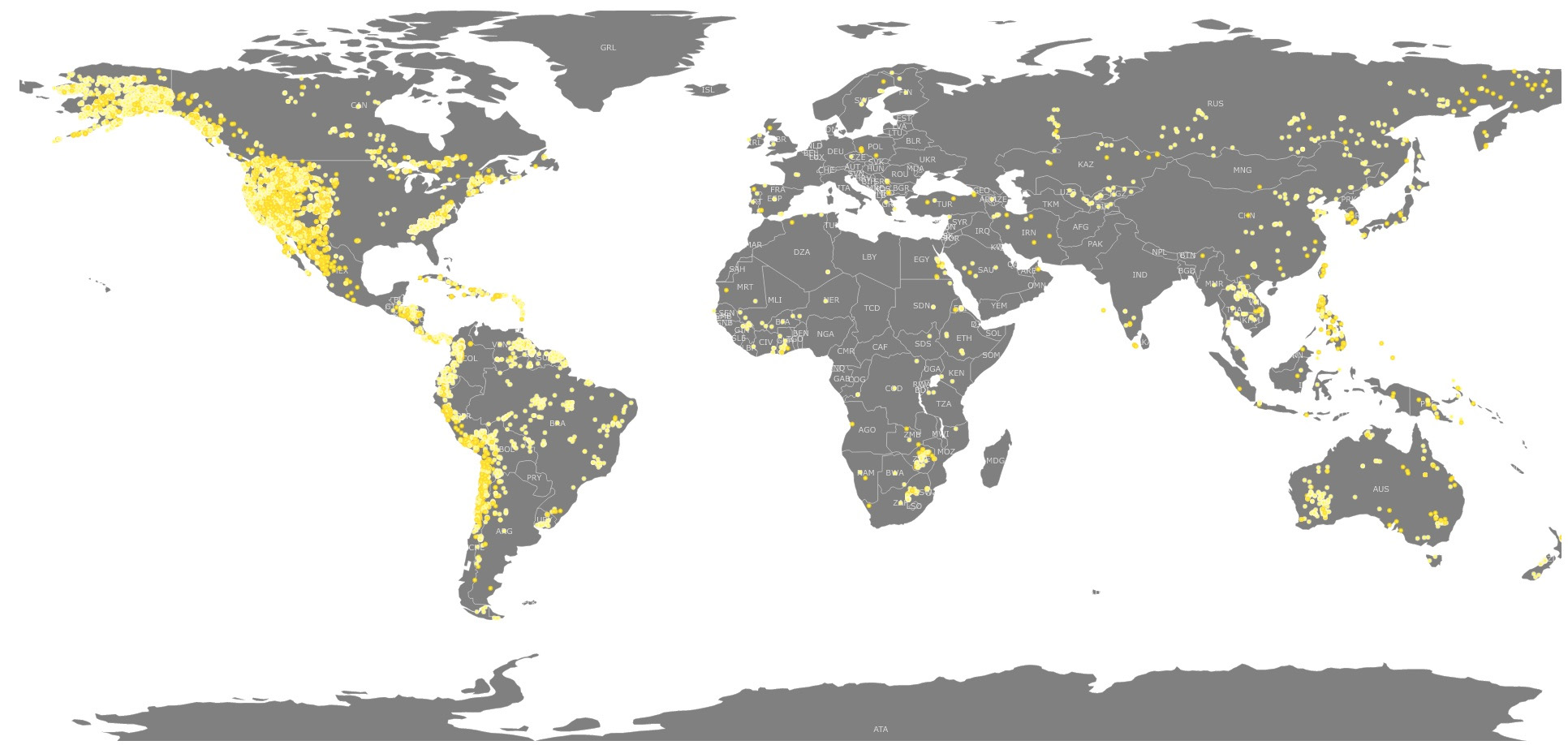 world map of known gold deposits