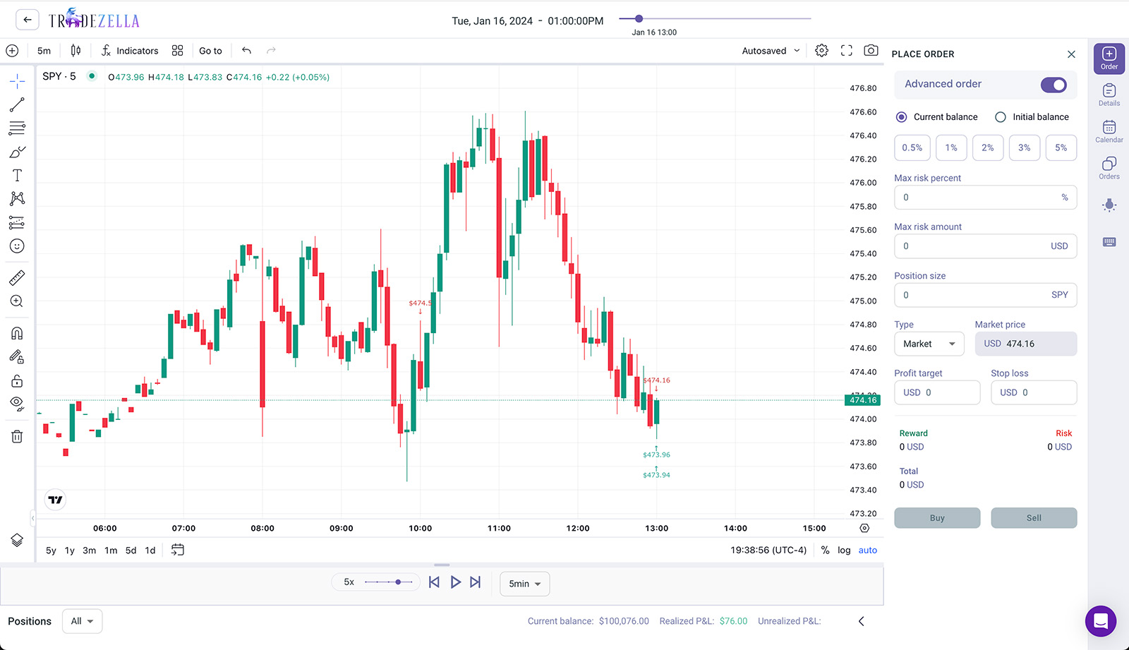 tradezella backtesting feature with tradingview chart and account balance