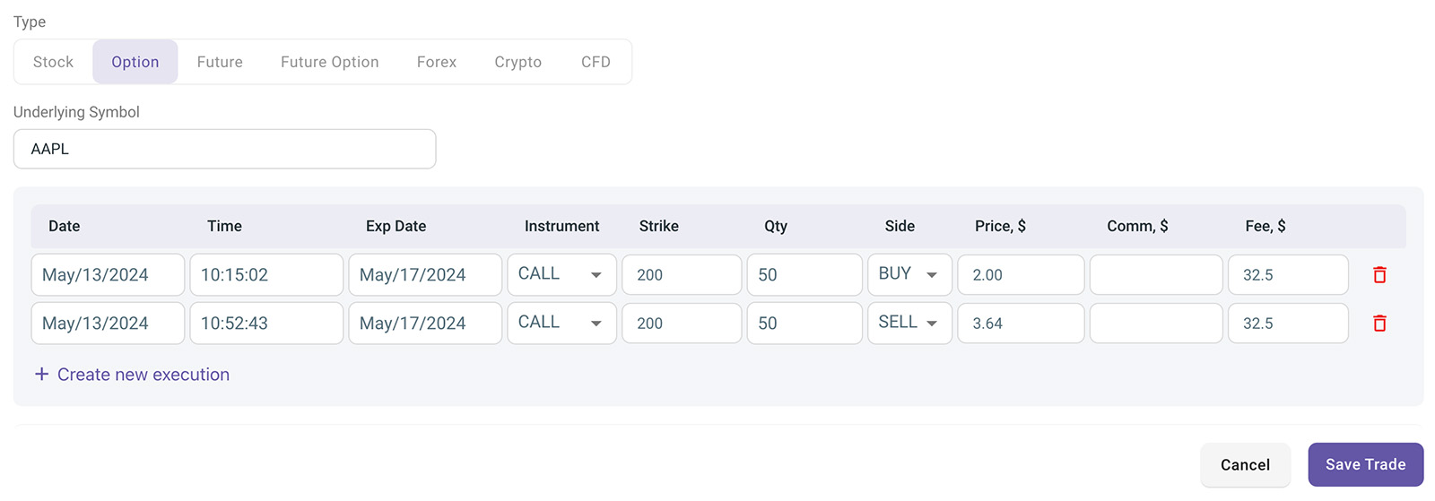 tradezella manual trade entry form with buy and sell positions