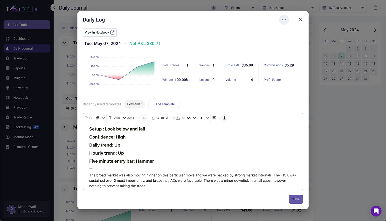 tradezella notes segment for daily review