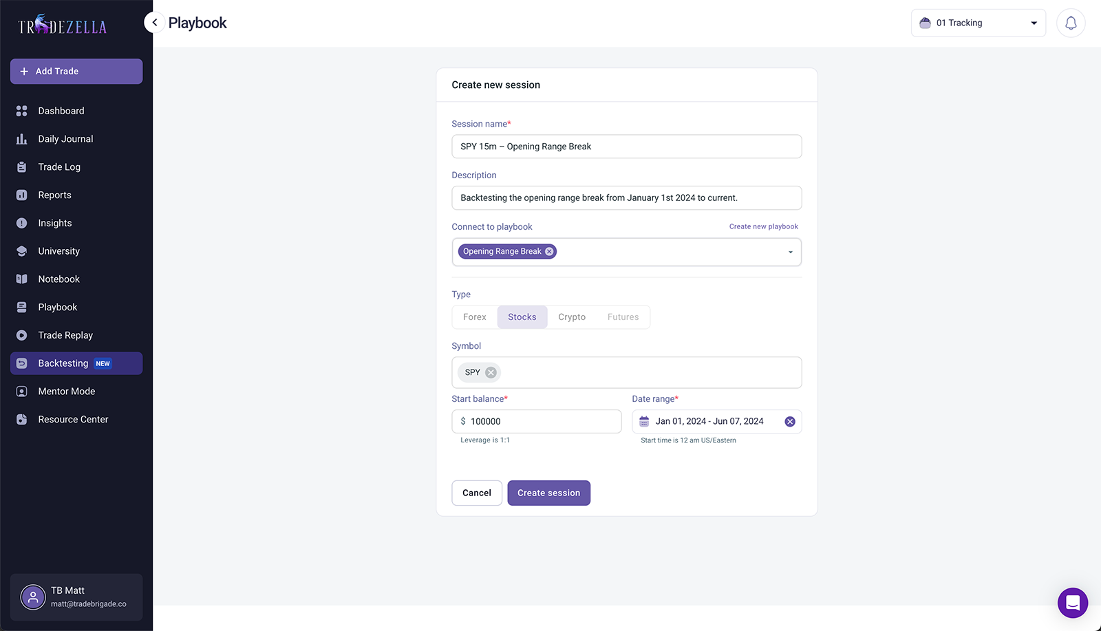 dashboard for setting up tradezella backtesting session. Includes time, instrument, account balance, and playbook.