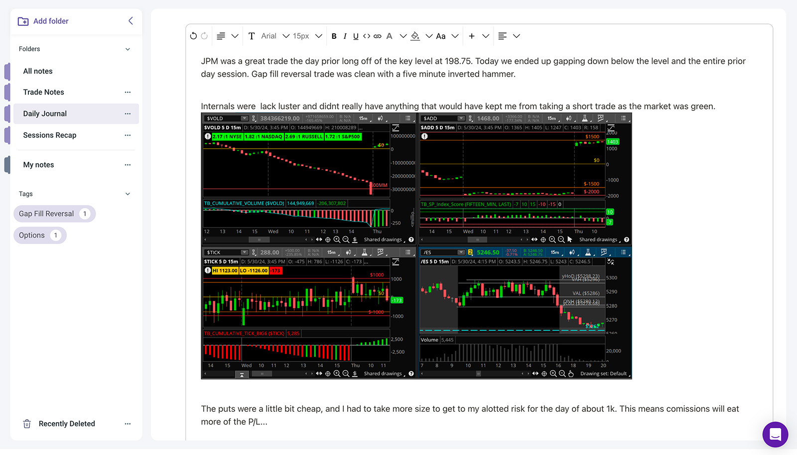 tradezella notebook feature with market internals dashboard screenshot attached