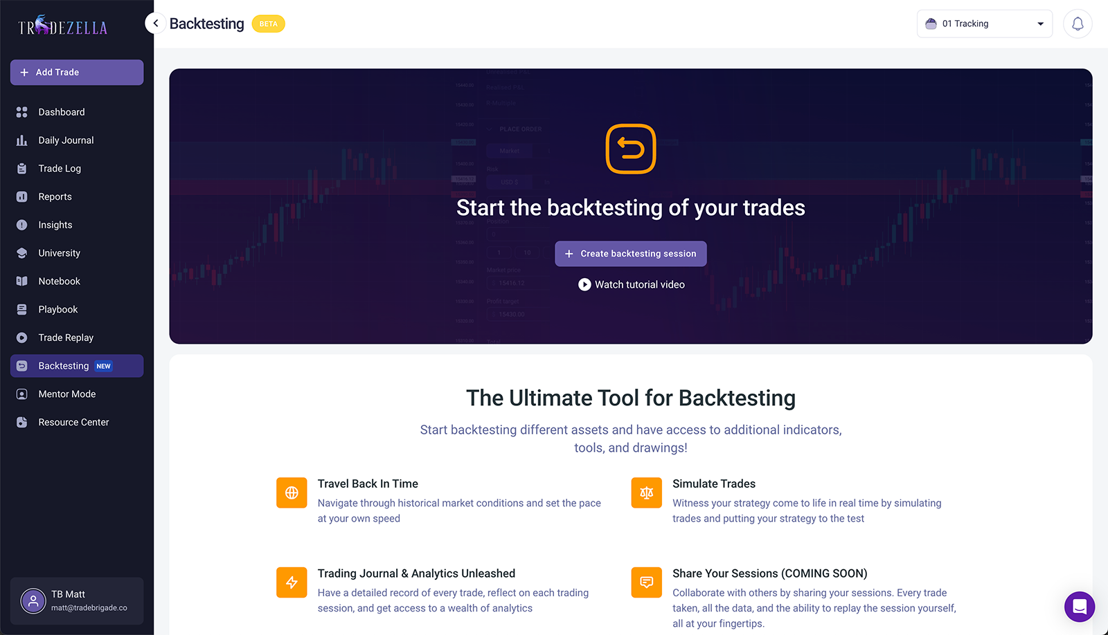 tradezella backtesting landing page. Click button to start a new backtesting session.